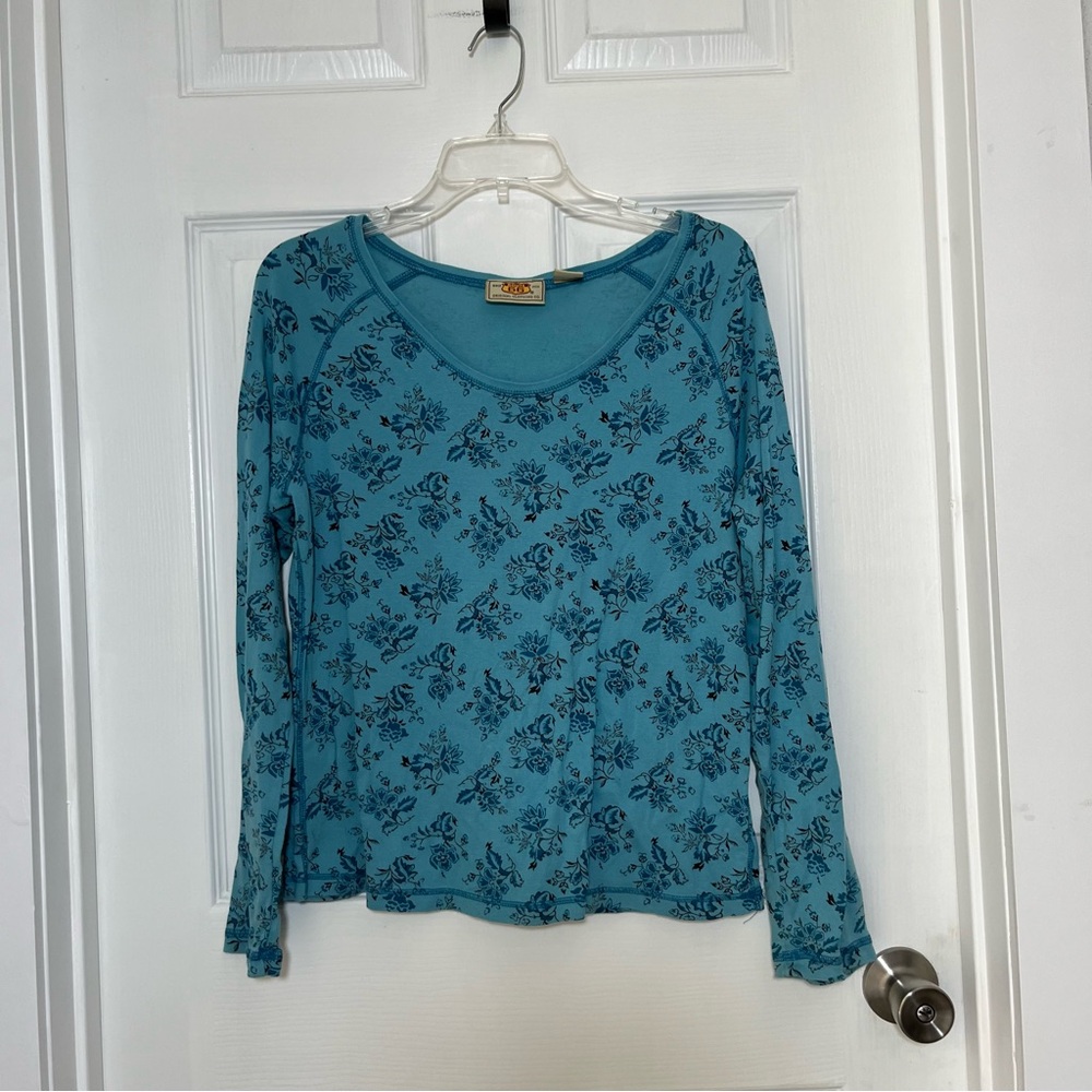 Route 66 Cotton Long Sleeve Blouse Turquoise Floral Y2K